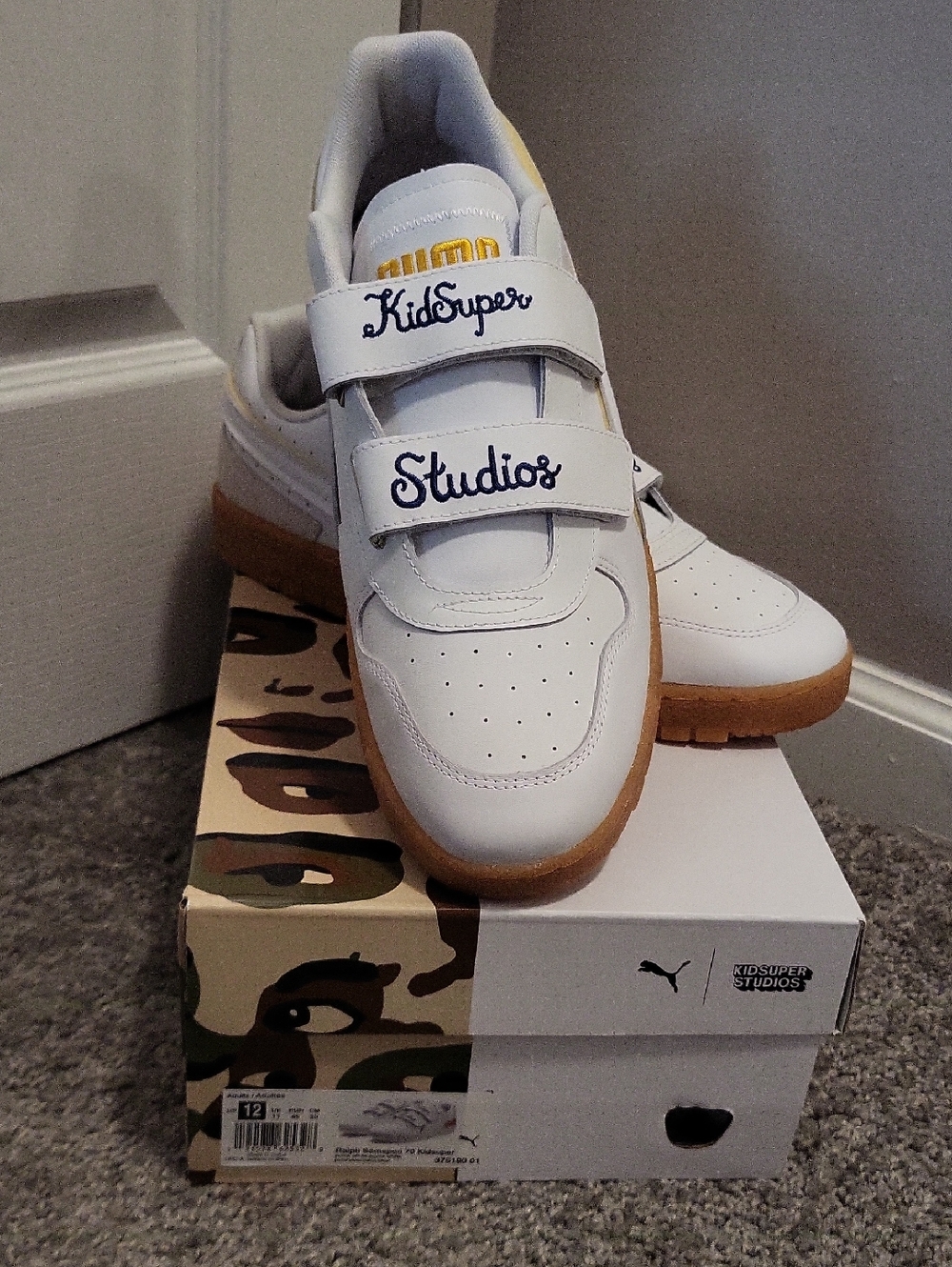 Puma KidSuper Studios White Leather Velcro Sneakers with Gum Sole